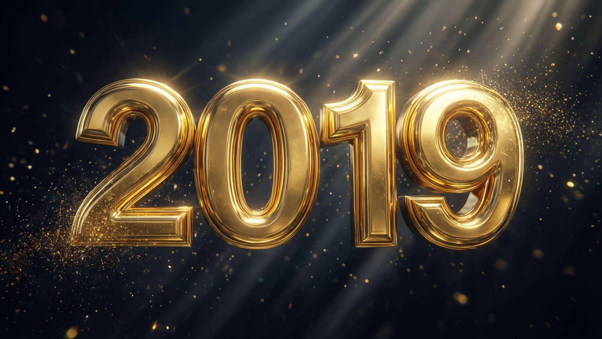Golden 3D text 2019 with sparkling particles and light beams on dark background 壁紙