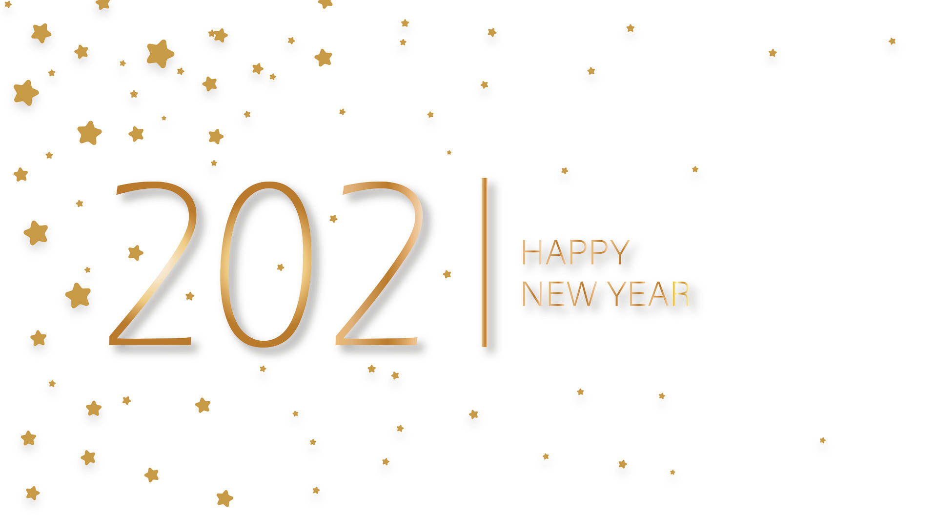 金色2021文字配閃爍星星，用於新年慶祝，白色背景。