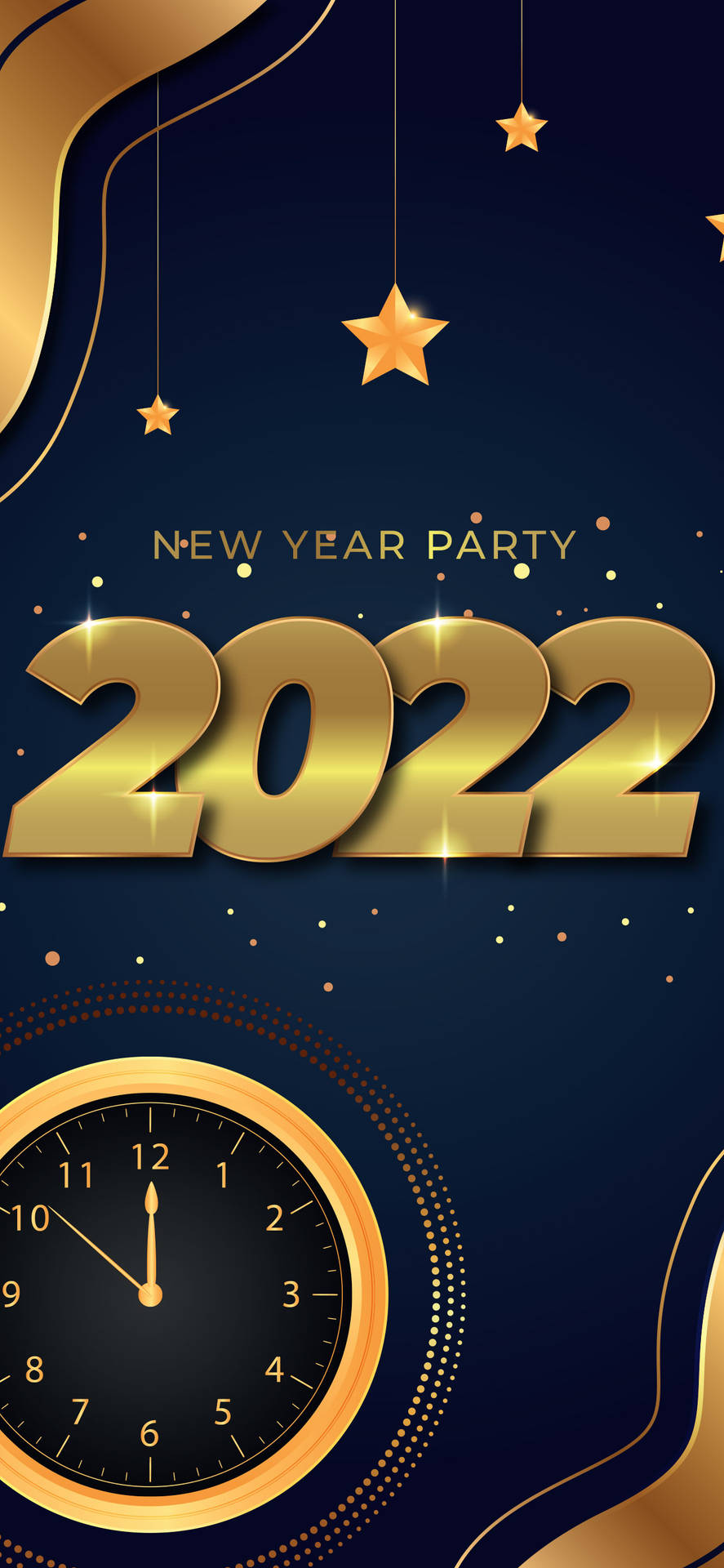迎接2022：閃耀慶祝 壁紙 — 金色2022年新年派對文字，配有懸掛星星和午夜敲響的時鐘，背景為深藍色。