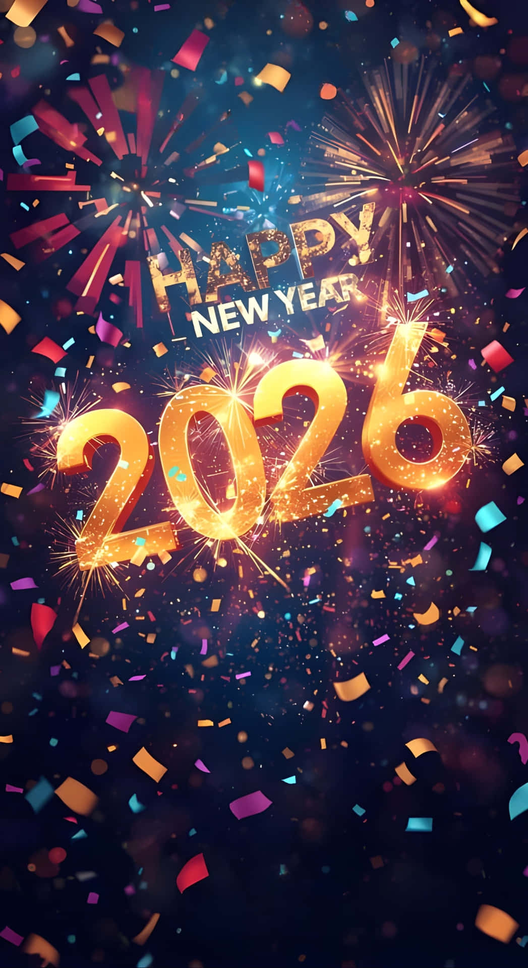  壁紙 — 金色嘅「2026」同「Happy New Year」文字喺黑暗夜空背景下，喺五彩紙屑同煙花之間閃爍。