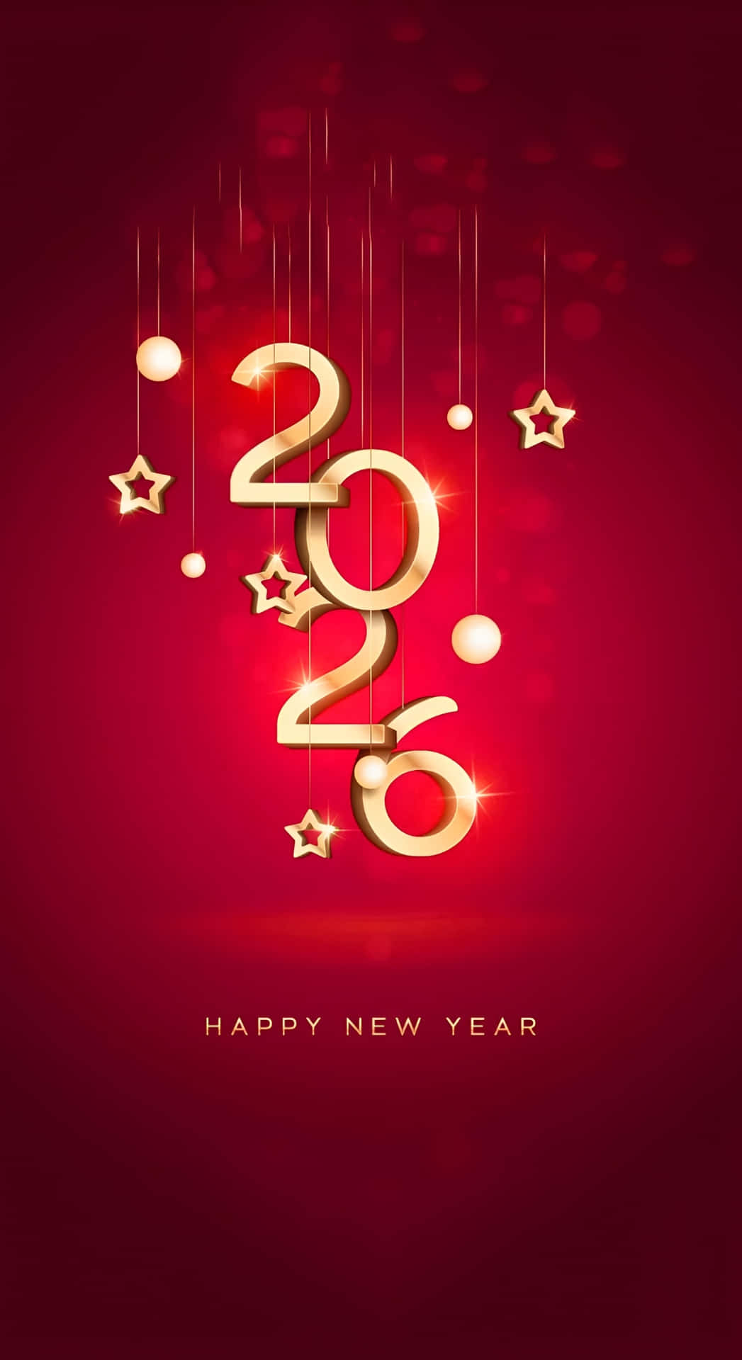  壁紙 — 金色2026數字像裝飾品一樣懸掛在帶有閃爍星星和球體的豐富紅色漸變背景上。