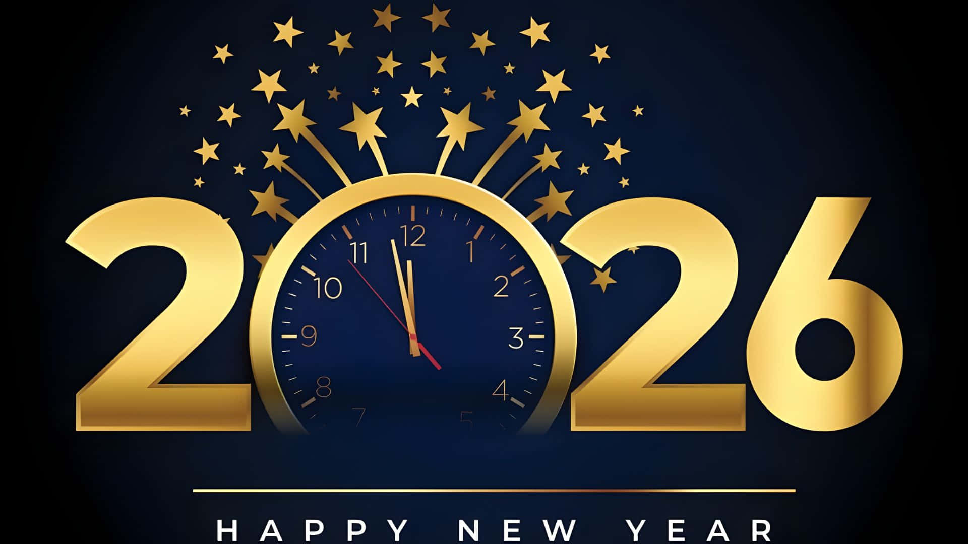  壁紙 — 金色2026年新年倒數時鐘，在深藍色背景上閃爍星星。