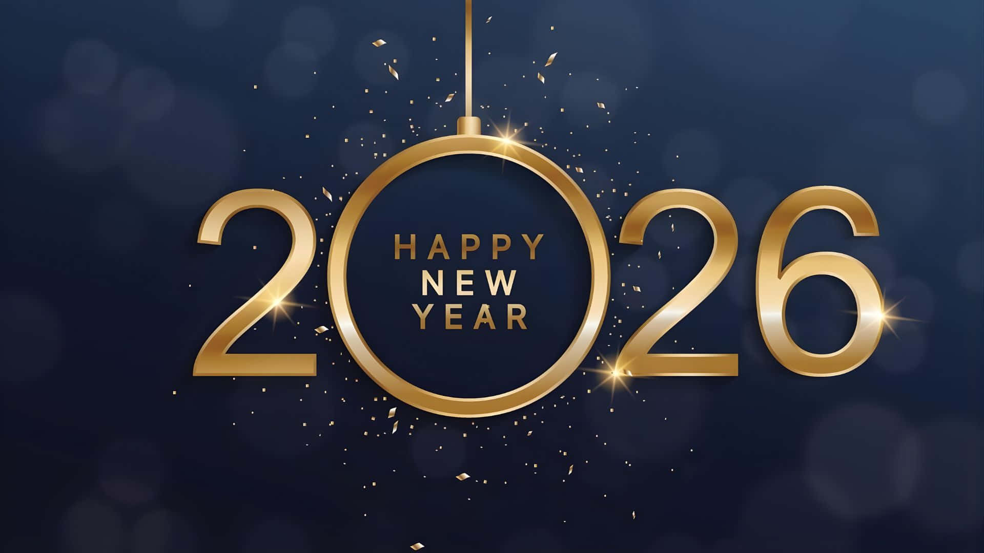  壁紙 — 金色2026年新年文字像節日裝飾品一樣懸掛在深藍色散景背景上，伴隨著閃閃發光的五彩紙屑。