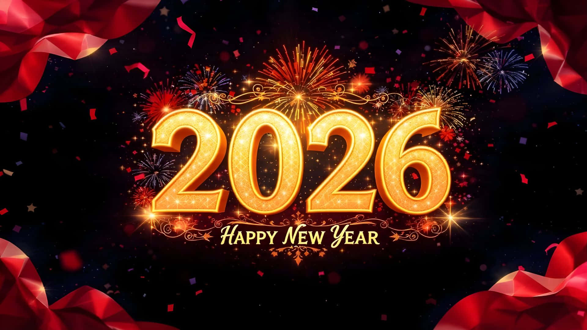  壁紙 — 金色2026文字在黑暗天空中發光，煙花和紅色紙屑在裝飾性字母周圍爆發。