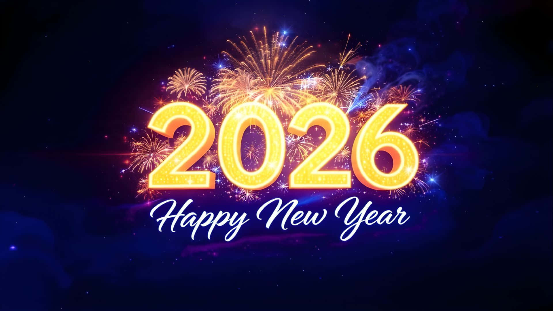  壁紙 — 金色2026字樣在滿天星斗的夜空下閃耀，伴隨著綻放的煙火和「Happy New Year」字句。