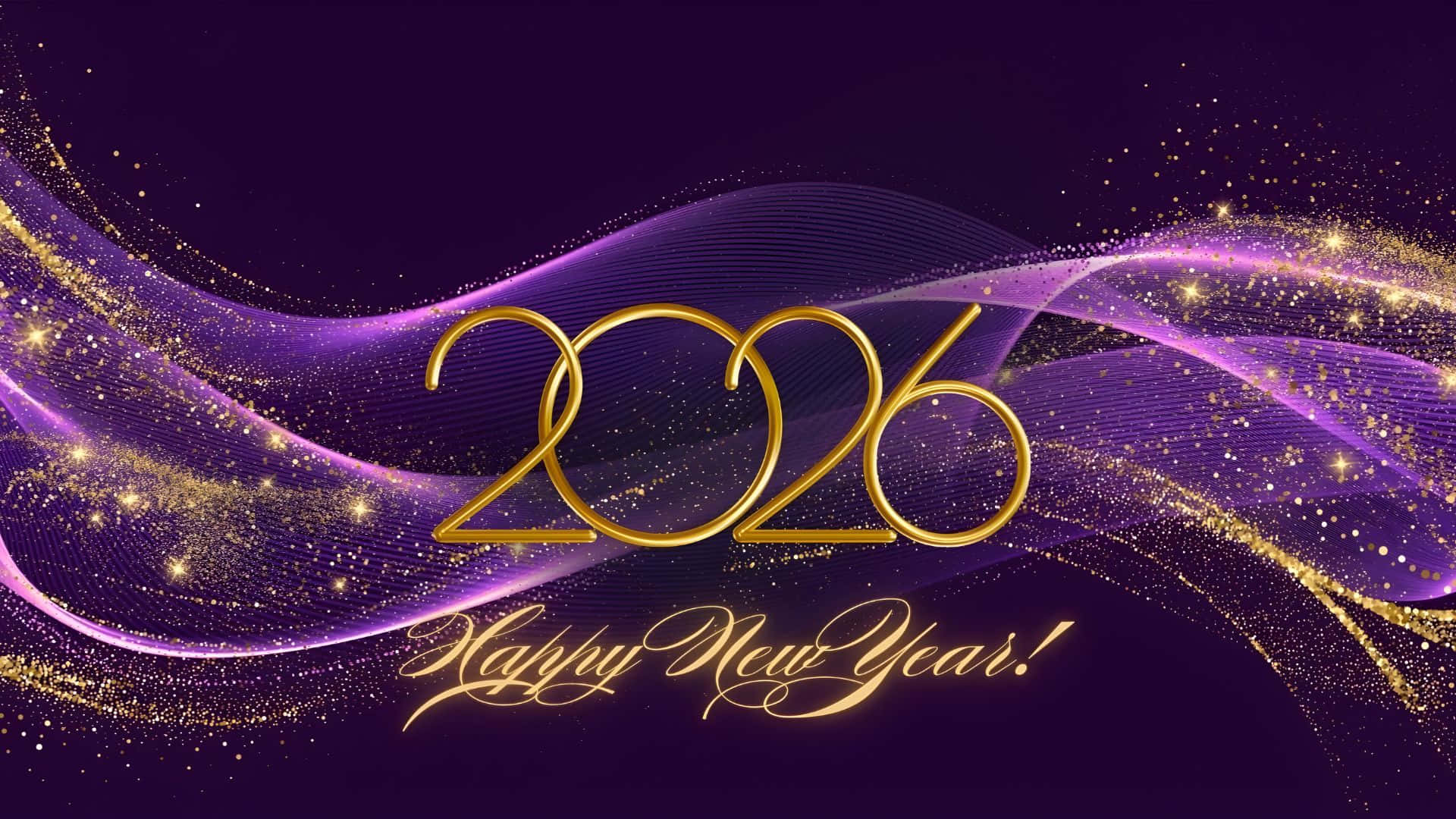  壁紙 — 金色2026文字在旋轉的紫色和金色粒子背景上發光，伴有閃爍的光芒。