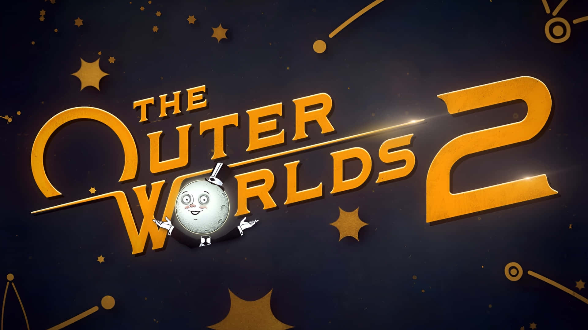  壁紙 — 金色3D標題「The Outer Worlds 2」，有一個卡通月亮角色在繁星點點的深藍色太空背景中揮手。
