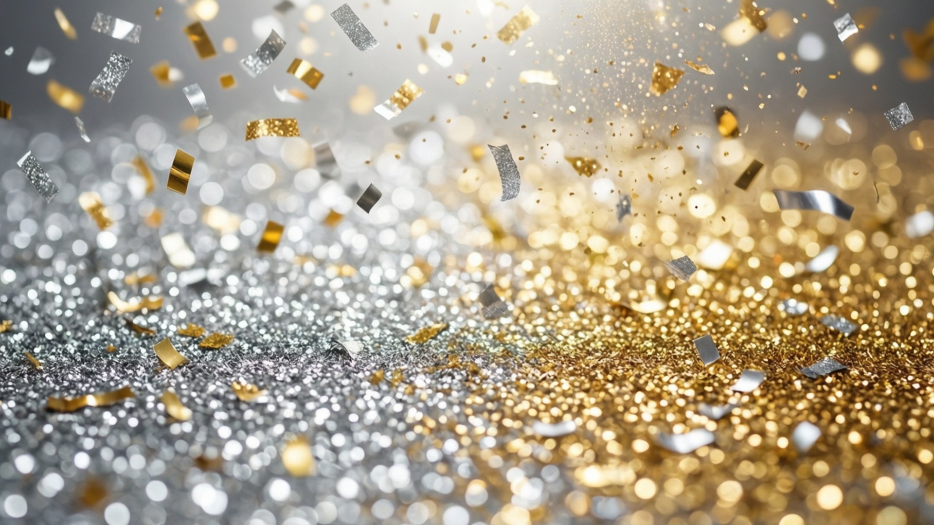 Confetti Dreams 壁紙 — 金色和銀色的紙屑在柔和的散景背景上爆開，營造出節日閃爍的慶祝場景。