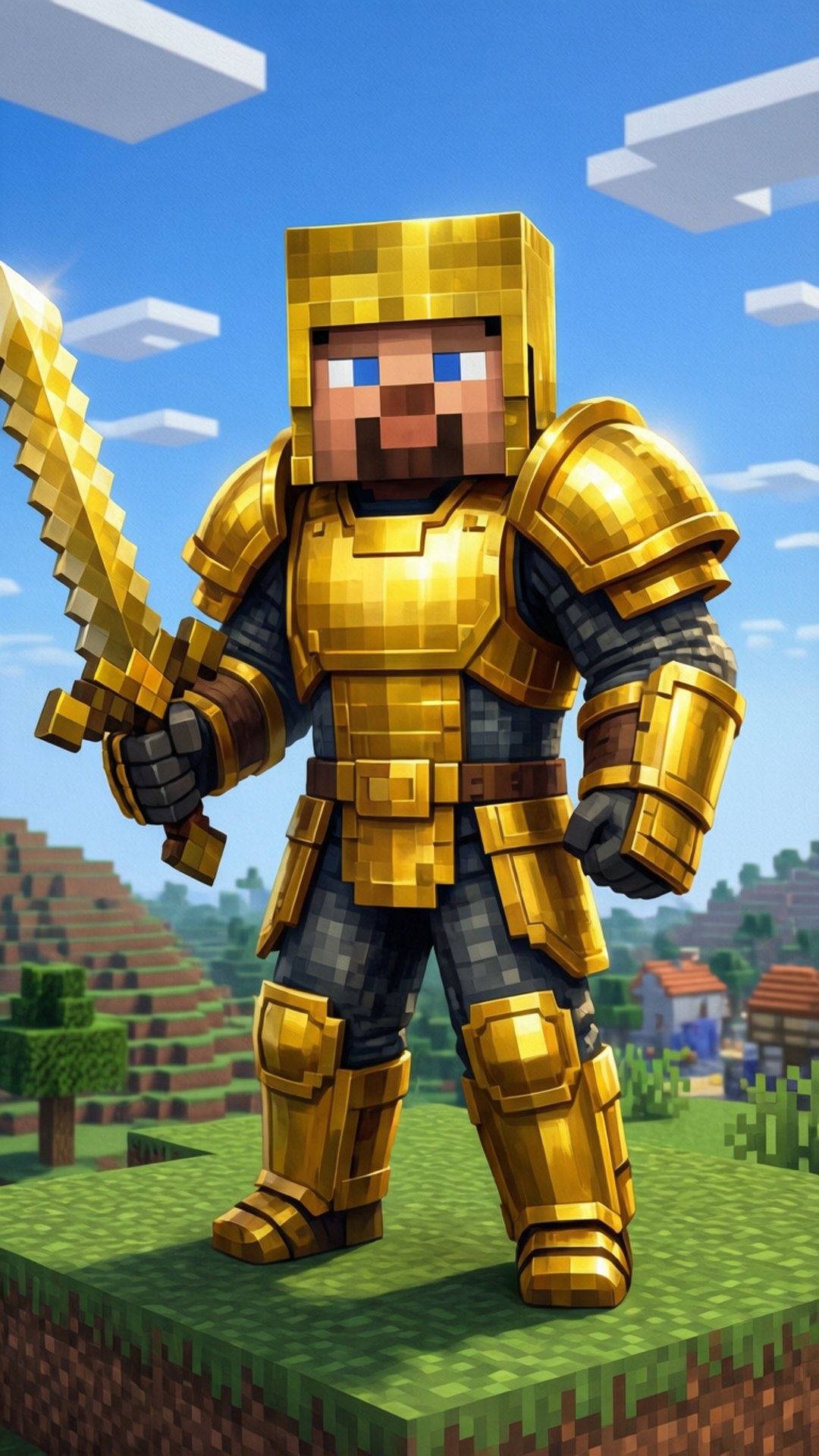 Minecraft角色穿著金色盔甲，在草塊上拿著金色劍，背景有村莊。