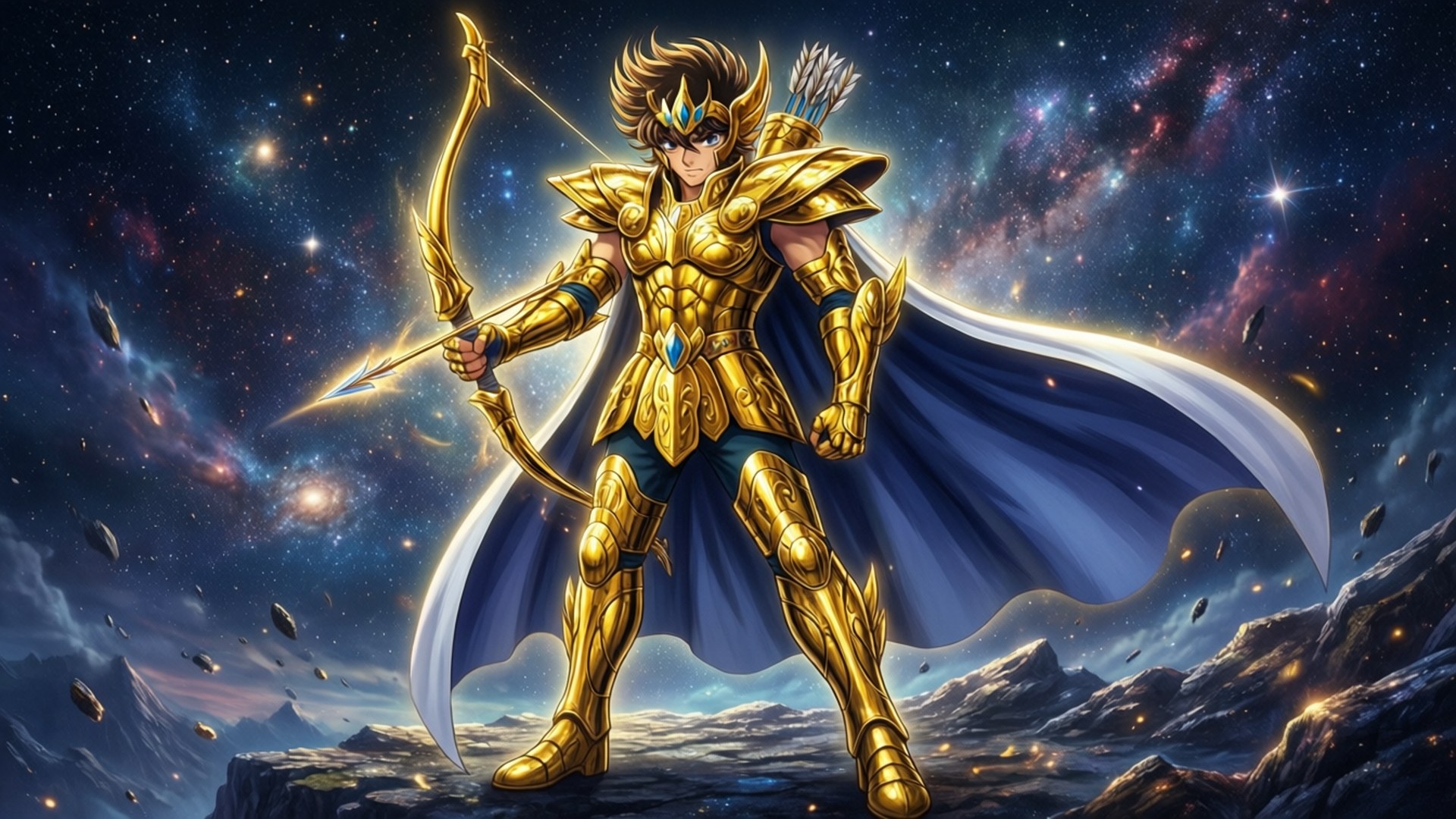 Knights Of The Zodiac 桌布 壁紙 — 一位身穿金色鎧甲的弓箭手聖人英雄般地站在宇宙山頂上，背景是星光燦爛的星雲。