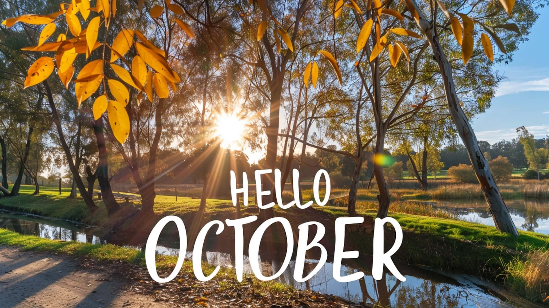 October Desktop 桌布 壁紙 — 金色秋葉框住寧靜小溪上的陽光，並有粗體白色文字寫著 hello october。