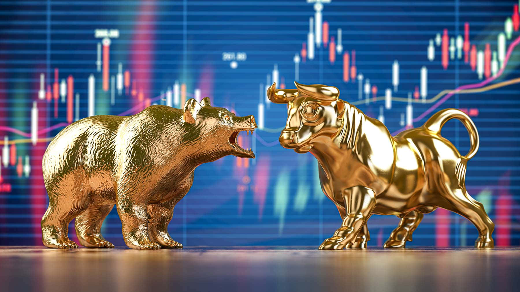  壁紙 — 金色公牛和熊雕像在發光的金融圖表背景前對峙。