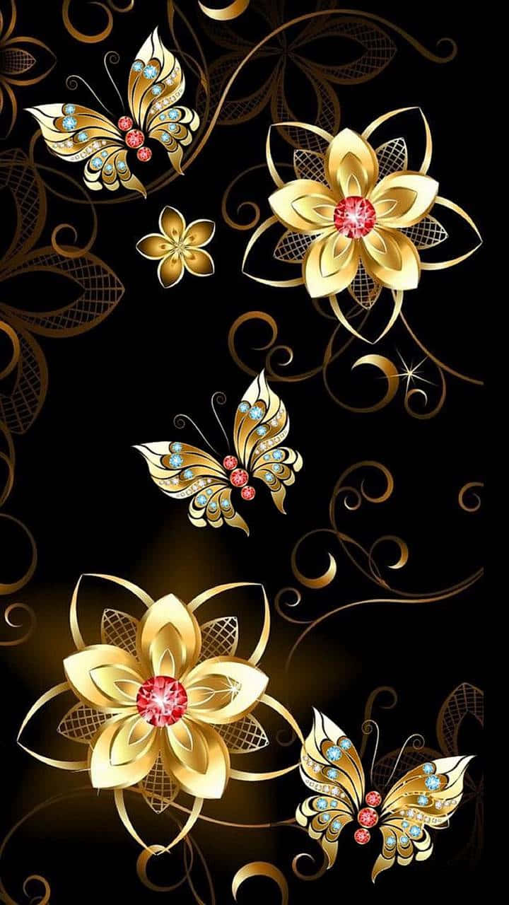 金色蝴蝶和帶有紅色寶石的花朵在黑色背景上帶有旋轉圖案。 — 唯美蝴蝶動圖 壁紙