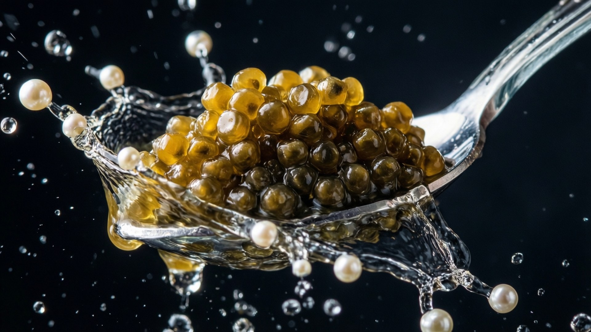 Caviar Scoop Splash 壁紙 — 金色魚子醬珍珠從湯匙中戲劇性地飛濺到黑色背景上，伴隨著閃閃發光的水滴。