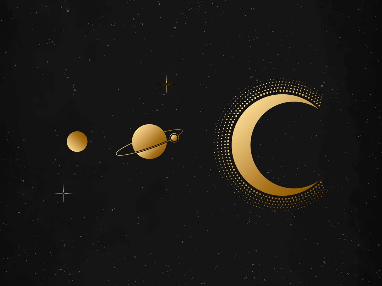  壁紙 — 金色天體與新月在滿佈星星的黑色宇宙背景上漂浮，帶有極簡的點狀細節。