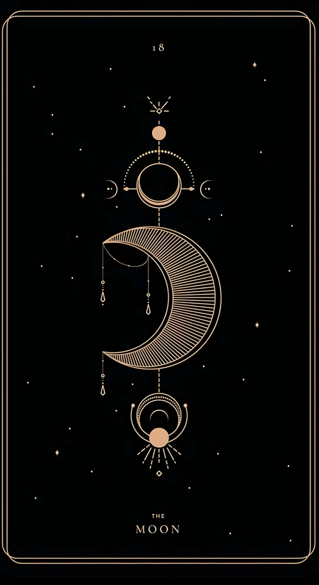  壁紙 — 金色天體符號和新月點綴著一張佈滿星星的黑色塔羅牌，上面標有「The Moon」和數字18。