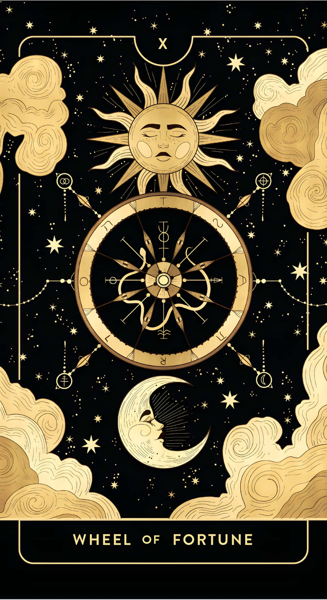  壁紙 — 金色天體符號包括太陽、月亮和命運之輪，在星點點的黑背景上漂浮於旋轉的雲層之間。