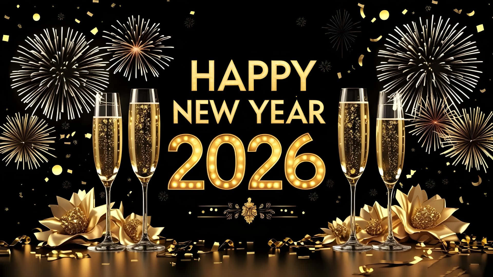  壁紙 — 金色香檳杯和煙花在黑色背景上閃爍著五彩紙屑慶祝2026年新年。