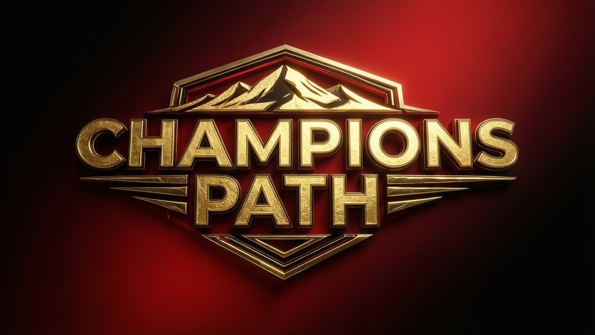 金色 Champions Path 標誌，喺紅色漸變背景上有山脈設計