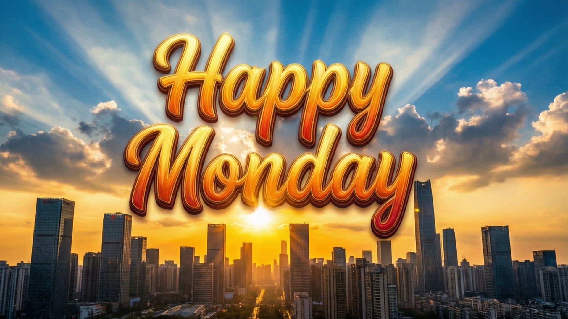 金色嘅「Happy Monday」文字喺日落城市天際線同陽光之上。