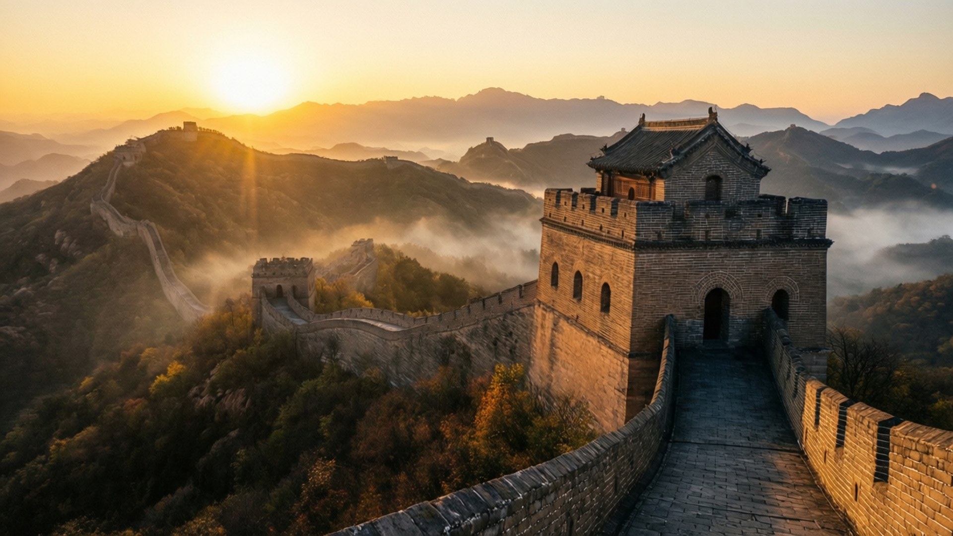 壯麗的日出景象，長城在薄霧與群山環繞中，適合歷史與旅行愛好者