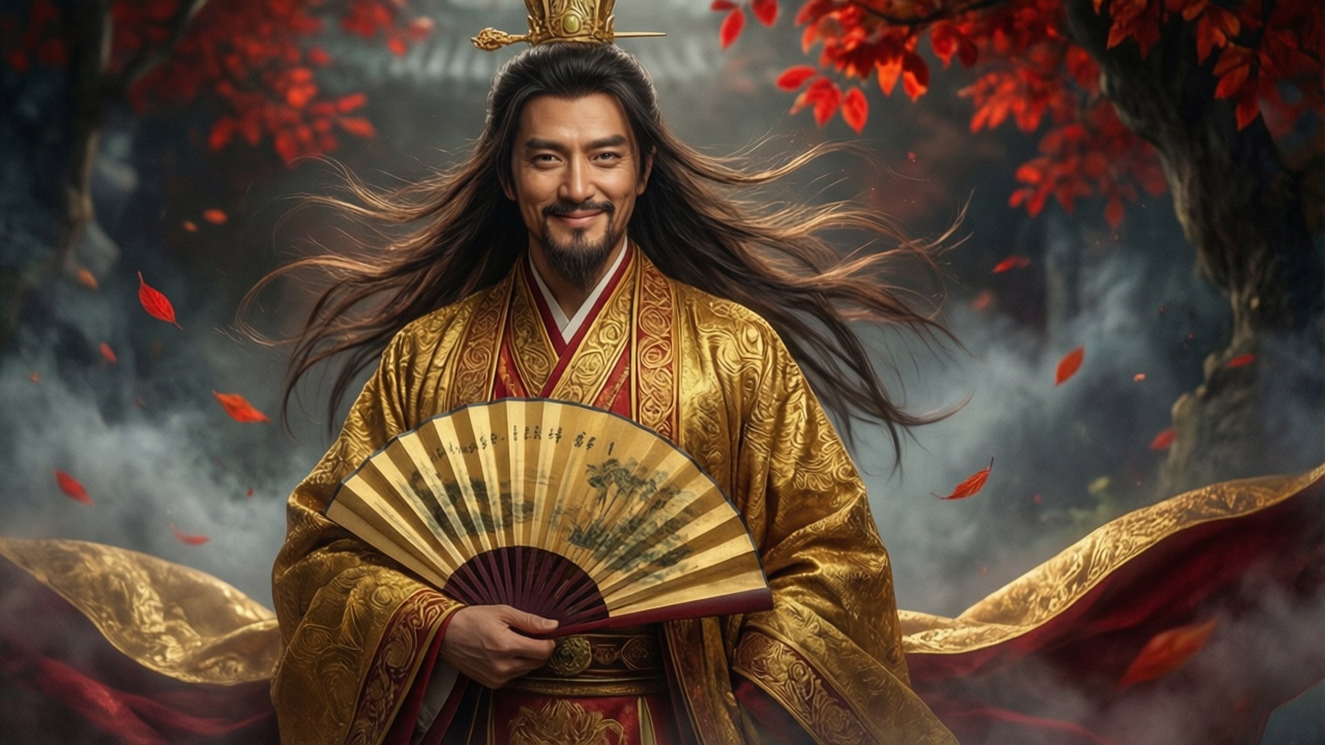 一位身穿金色長袍的男子在霧氣繚繞的森林中，在飄落的紅葉下手持扇子。
