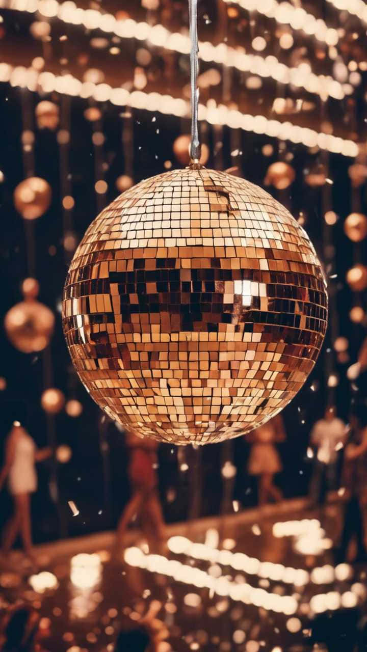  壁紙 — 一個金色嘅 disco ball 懸掛喺閃爍嘅舞池上面，下面有模糊嘅派對參與者。