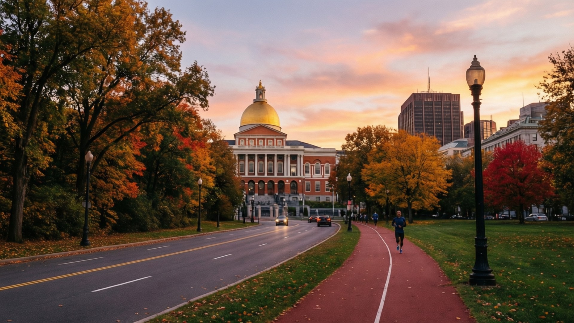 Massachusetts 桌布 壁紙 — 金色圓頂的州議會大廈在日落時閃耀，秋葉沿著蜿蜒的道路和自行車道燃燒成橙色和紅色。