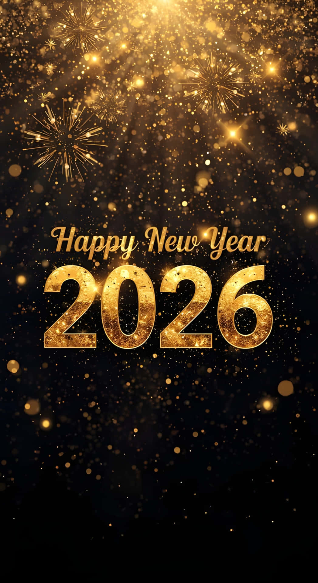  壁紙 — 金色煙火和閃爍的粒子在黑色背景上爆炸，慶祝新年快樂2026。