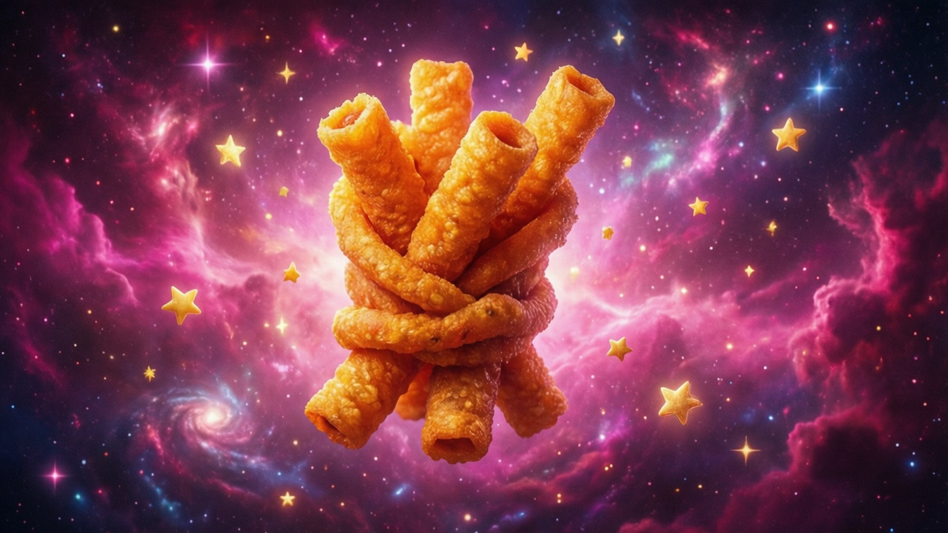Cosmic Funyun Dream 壁紙 — 金黃色的炸芝士條漂浮在充滿活力的宇宙星雲中，周圍有旋轉的粉紫色雲朵和閃爍的星星。