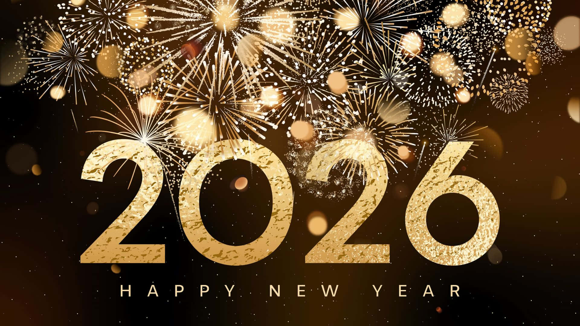  壁紙 — 金色閃爍的2026文字，伴隨著閃爍的煙花在黑暗背景中爆炸。
