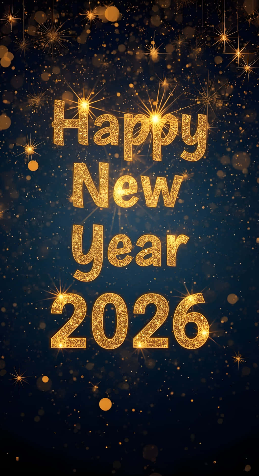  壁紙 — 金色閃爍的「Happy New Year 2026」文字在深藍色背景上閃耀，伴隨著漂浮的星爆和散景光。