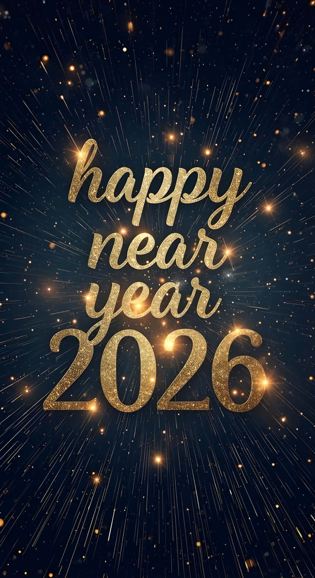 壁紙 — 金色閃爍的文字「happy near year 2026」在黑暗的宇宙背景中散發光芒，背景有閃爍的星星和光線條紋。