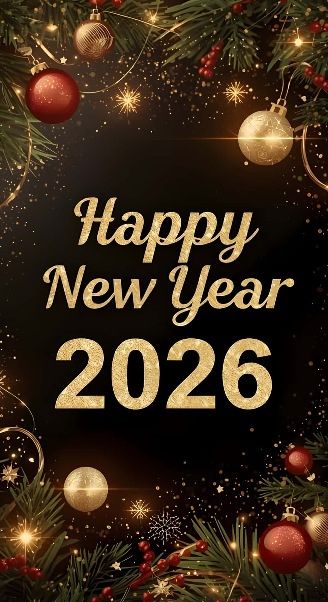  壁紙 — 金色嘅「Happy New Year 2026」文字喺黑色背景上發光，周圍環繞住節日松樹枝、紅色漿果同閃閃發光嘅裝飾品。