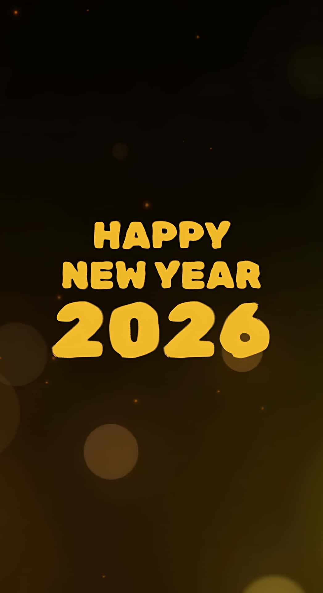  壁紙 — 金色 'Happy New Year 2026' 文字在深色背景上發光，帶有柔和散景燈光。