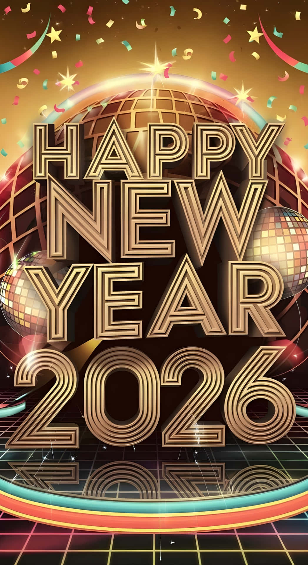  壁紙 — 金色嘅「Happy New Year 2026」文字喺霓虹格仔地板上面嘅的士高波同飄落嘅紙碎上發光。