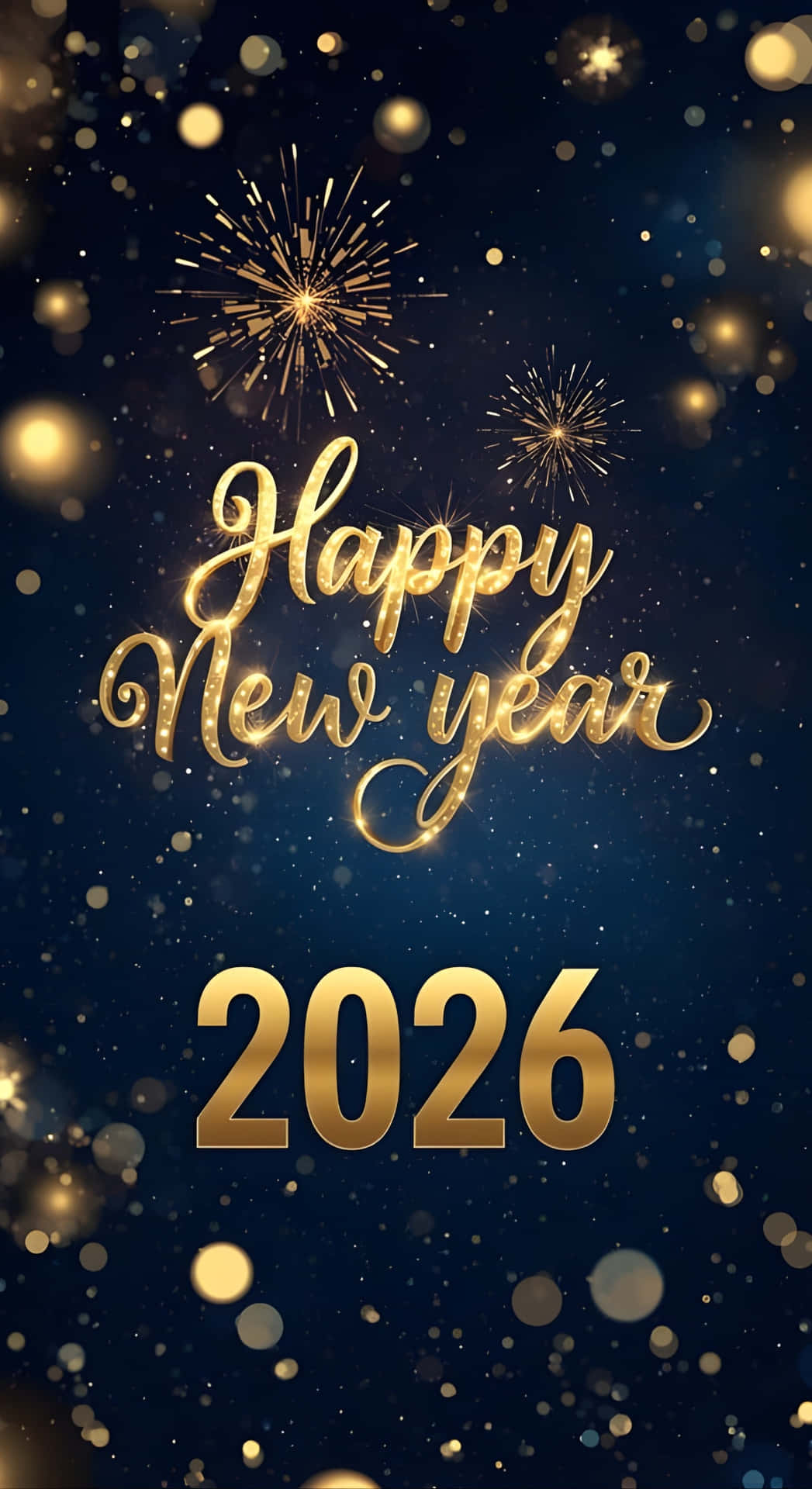  壁紙 — 金色嘅「Happy New Year 2026」文字喺深藍色背景上閃爍，配以煙花同散景燈光。