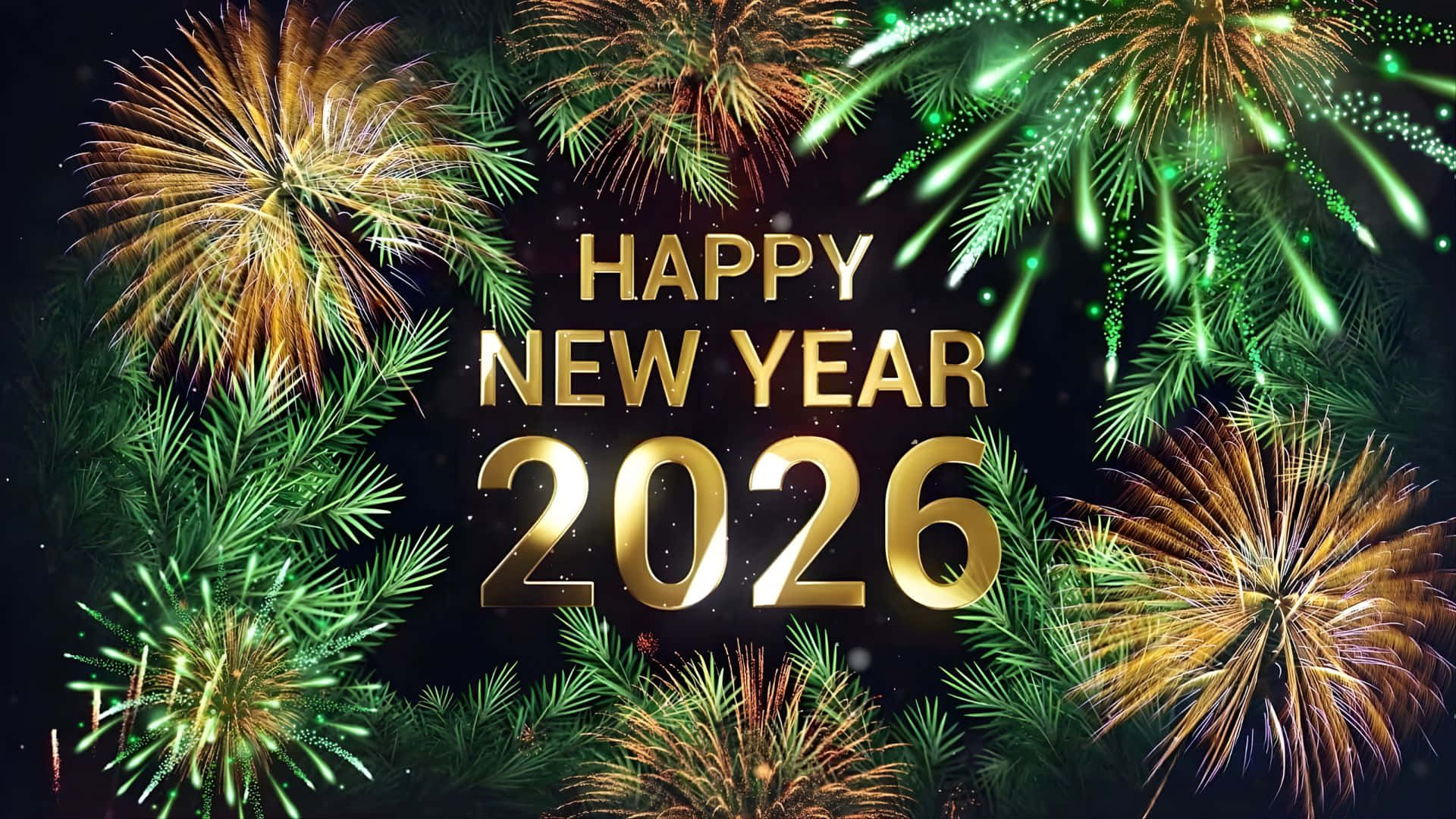  壁紙 — 金色嘅「Happy New Year 2026」文字被綠色松樹枝同爆發嘅煙花圍繞，襯托住黑暗嘅夜空。