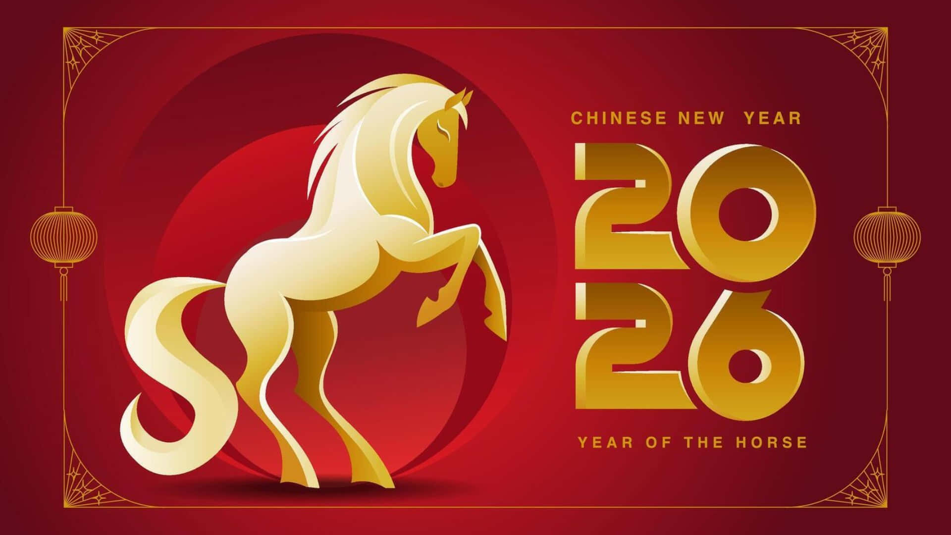  壁紙 — 一匹金色的馬在豐富的紅色背景上動態跳躍，配有華麗的燈籠和「2026 Year of the Horse」文字。