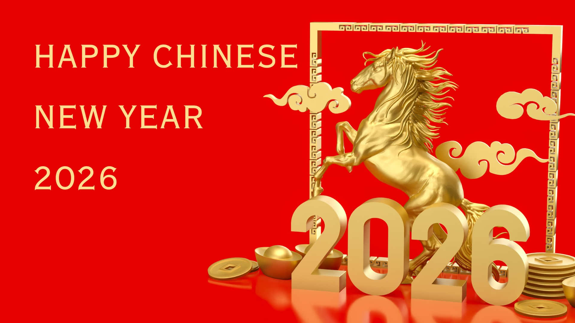  壁紙 — 金色駿馬躍過2026數字，背景為鮮紅色，飾有傳統中國雲紋和金幣。