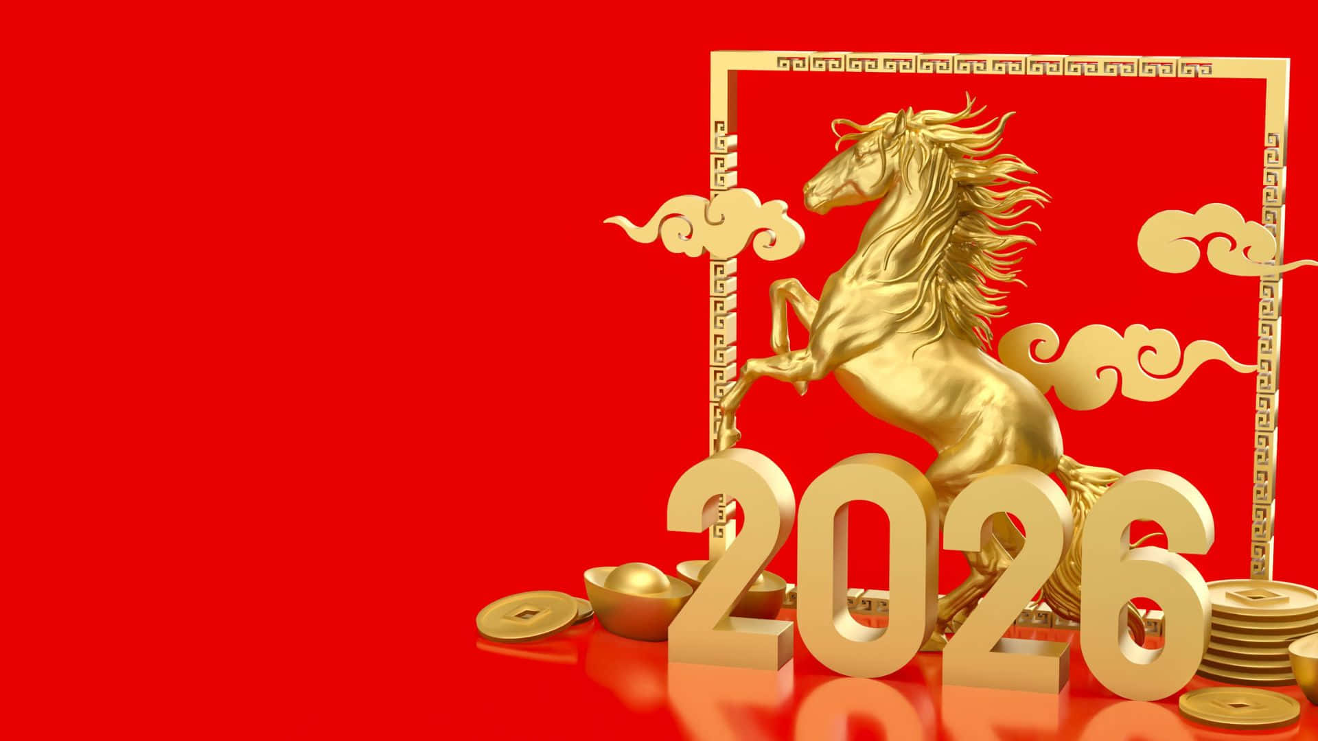  壁紙 — 金色駿馬在發光的2026數字後方勝利躍起，襯以鮮紅色背景及華麗雲紋圖案。