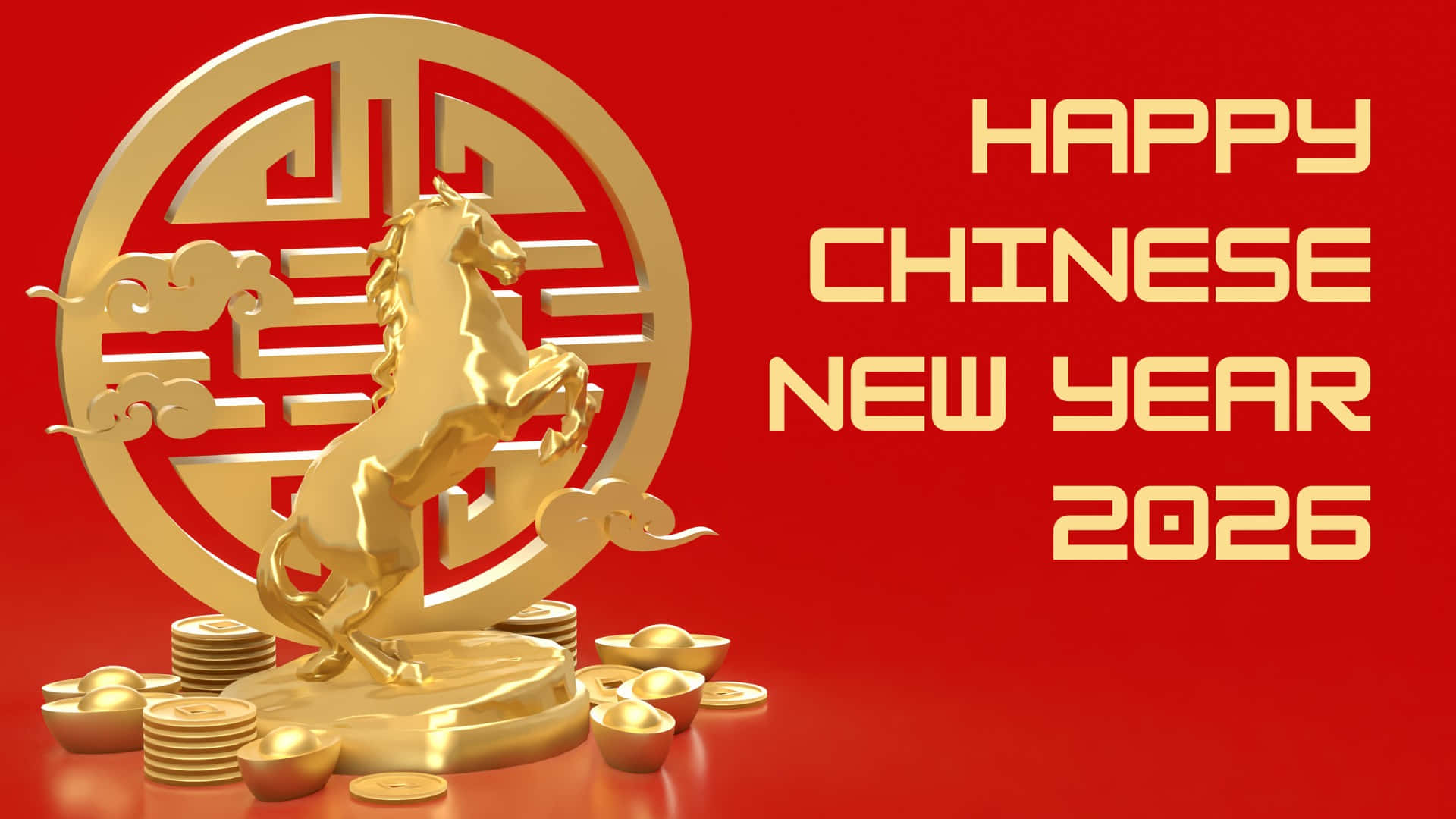  壁紙 — 金色馬雕像自豪地站在硬幣上，前面有一個圓形中國結，背景是鮮豔的紅色，並有「Happy Chinese New Year 2026」文字。