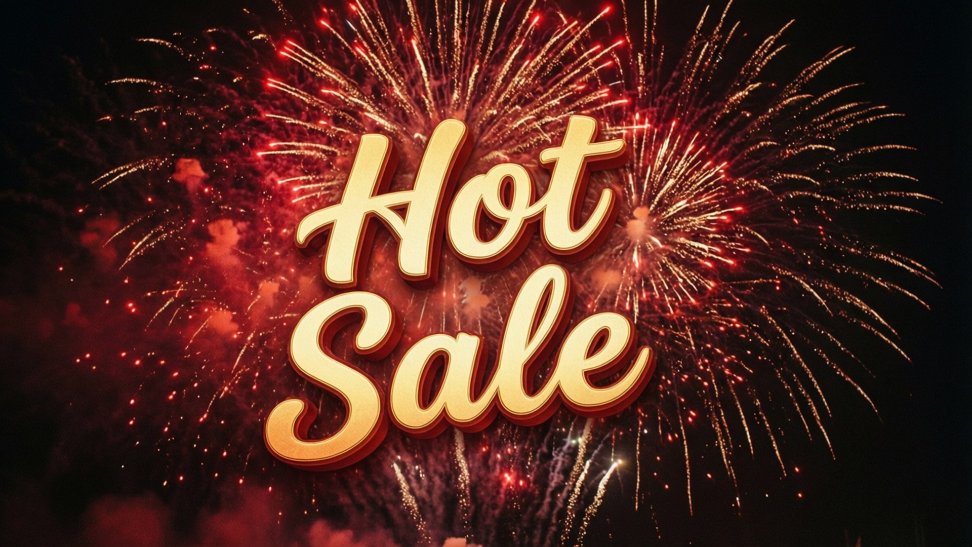 桌布 壁紙 — 金色嘅「Hot Sale」文字喺夜空爆炸嘅鮮紅色同金色煙花背景下發光。