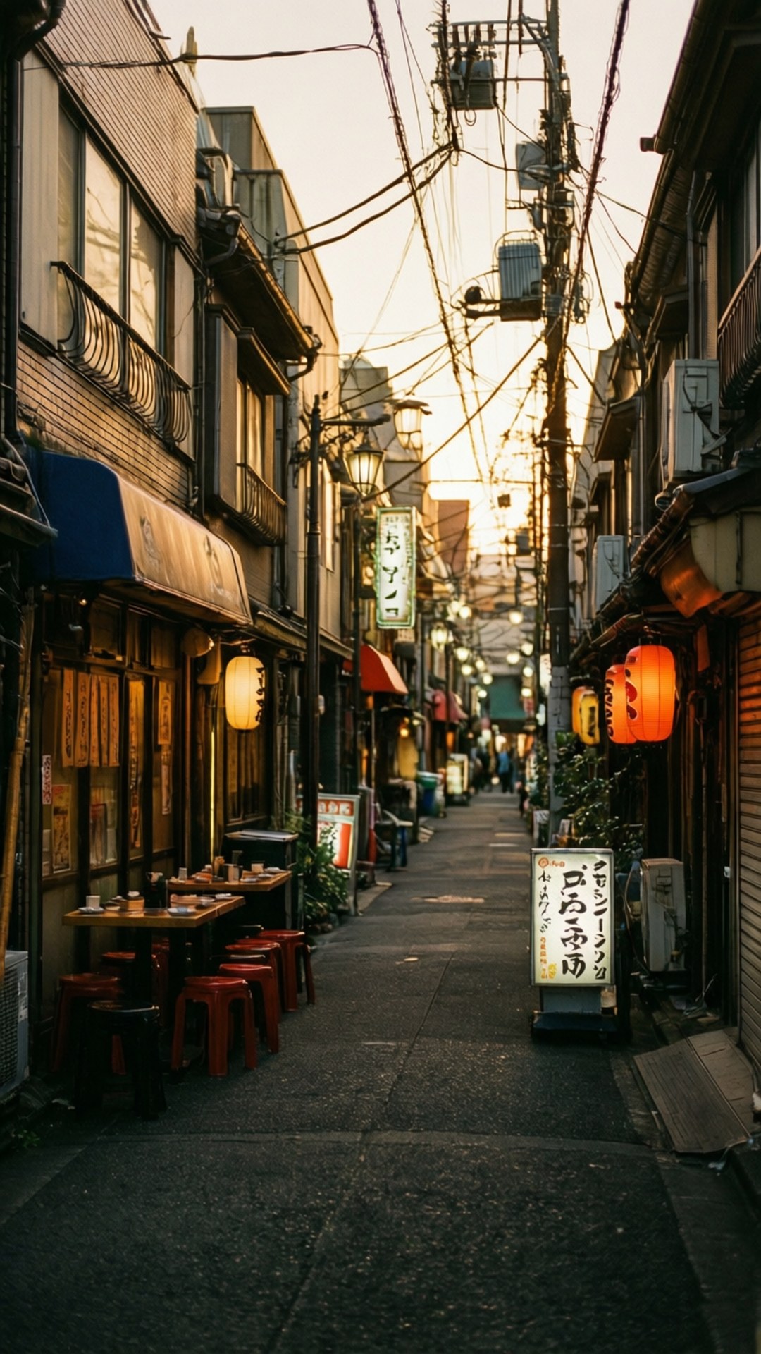 日落時分，狹窄的日本街道上掛著發光的燈籠和傳統商店