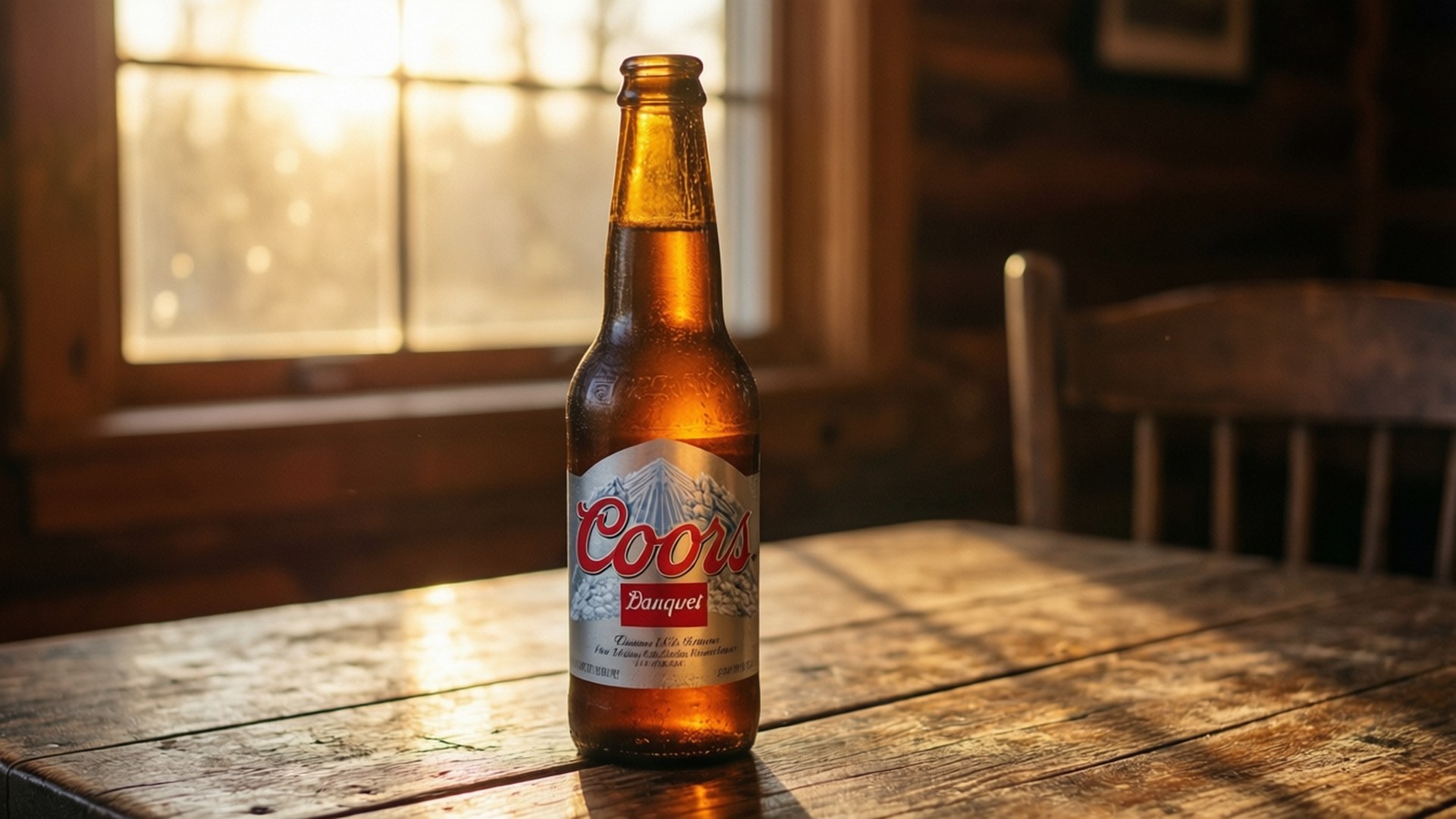 冰凍Coors Banquet啤酒瓶在木桌上，陽光從窗戶射入