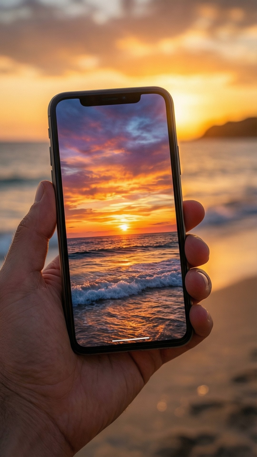手拿著電話顯示海灘上夕陽在海浪上
