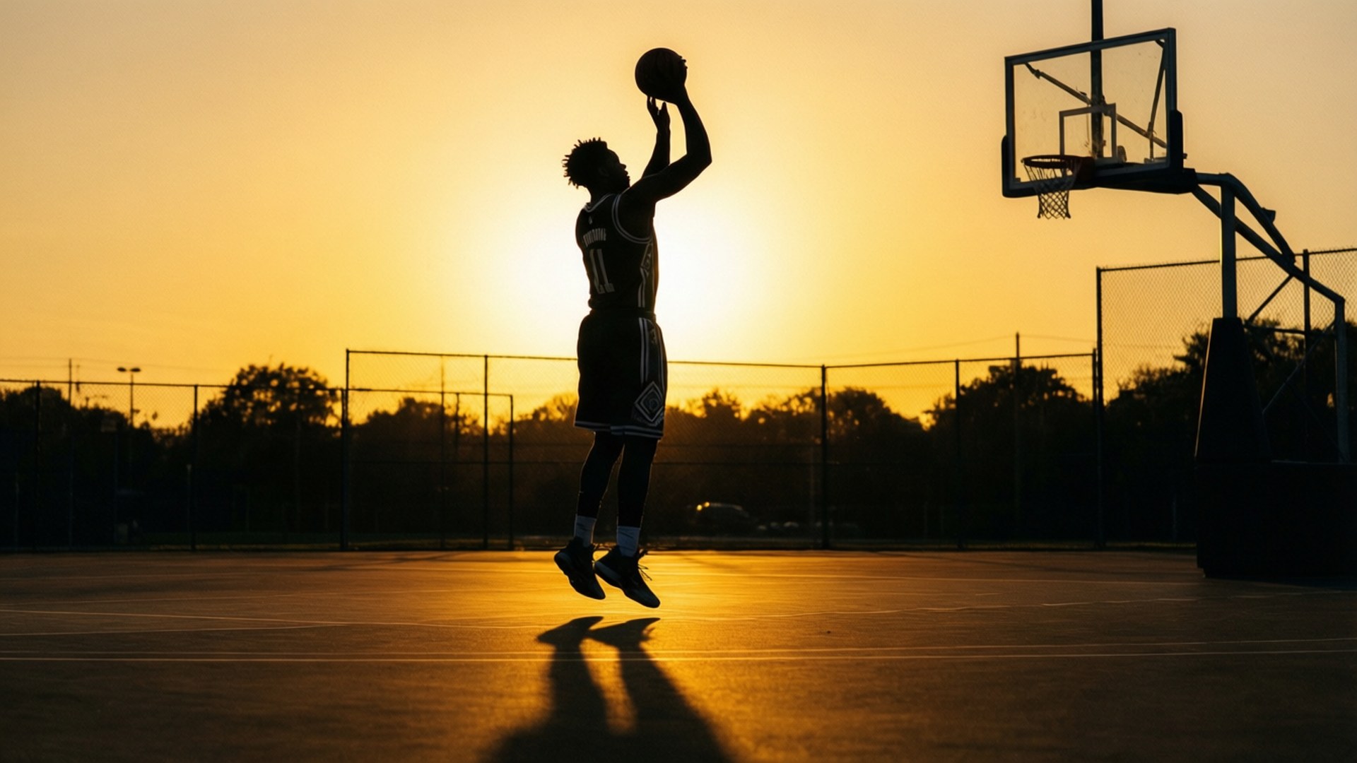 一個籃球運動員在日落時分跳起在戶外球場投籃。