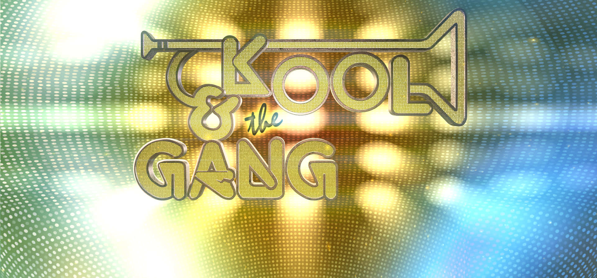  壁紙 — 金色嘅 'Kool & the Gang' 標誌喺充滿活力嘅漸變背景上發光，帶有半色調點同鏡頭光暈效果。