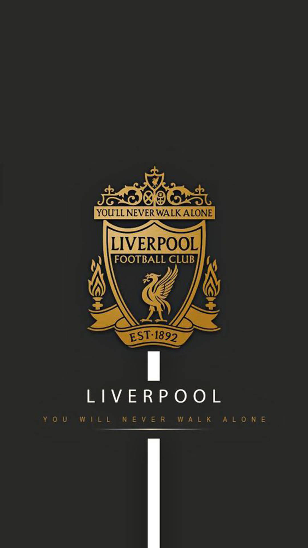 利物浦足球會徽章，附有「You'll Never Walk Alone」口號，置於深色背景上。