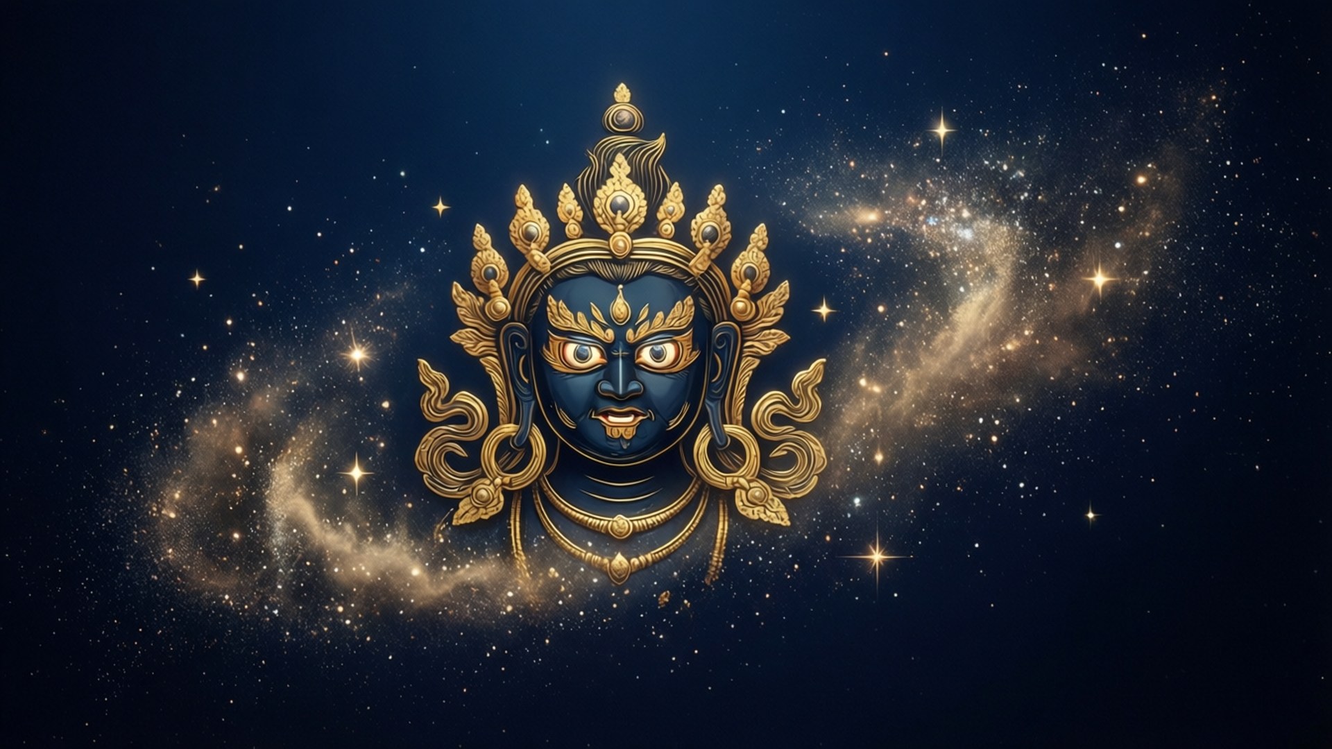 Blue deity with golden crown and jewelry in cosmic starry space. 壁紙